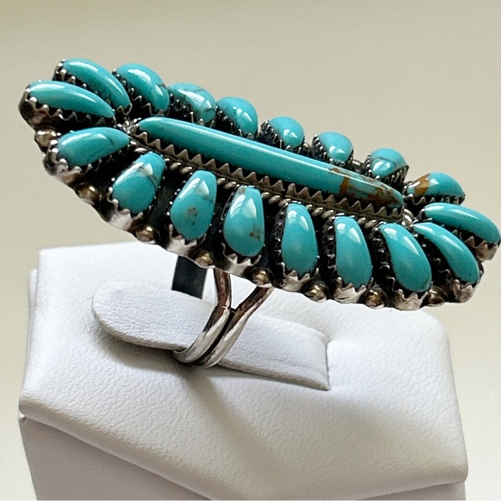 Vintage Dean Brown Navajo Turquoise Cluster Sterling Silver Ring - Picture 9 of 13